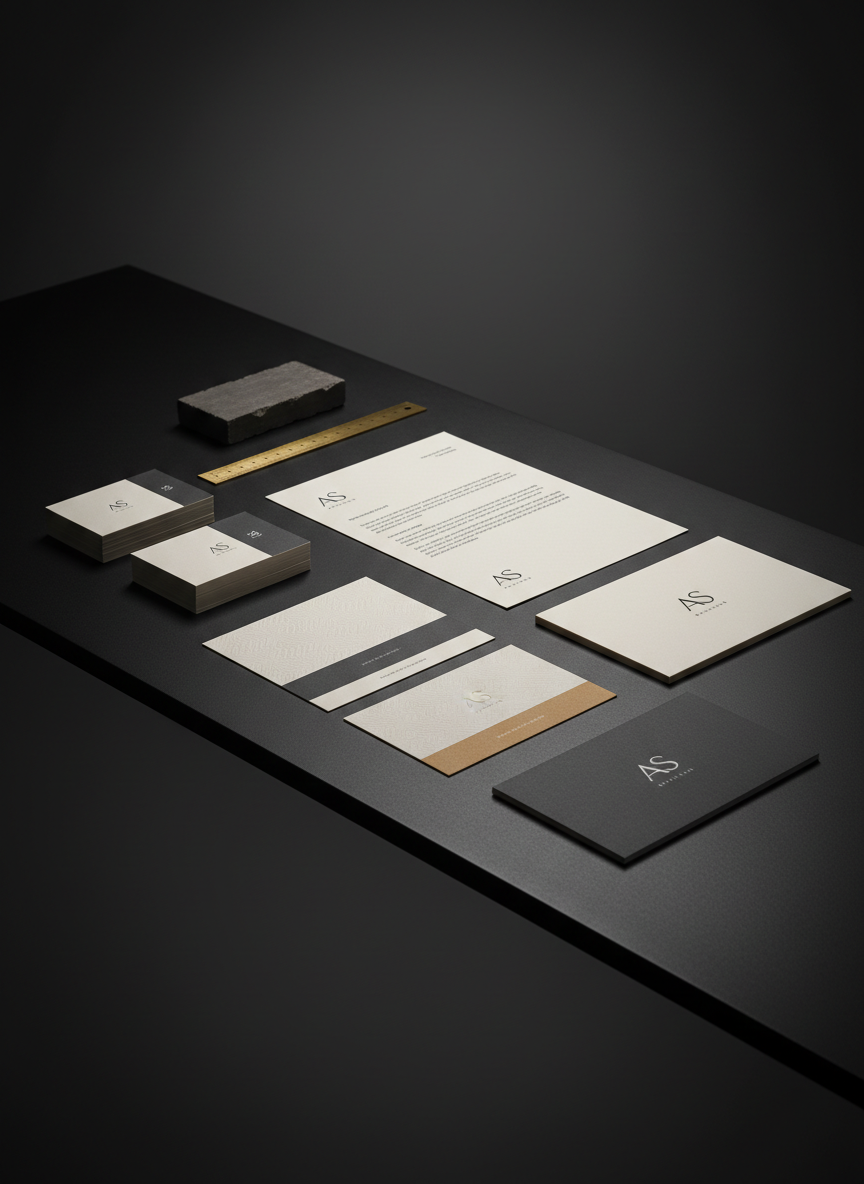 An elegant, monochrome brand identity presentation displayed on a long, matte black tabletop: a set of business cards, a folded letterhead, and a slim presentation folder, all in shades of ivory, warm gray, and deep charcoal. The designs feature refined typography, subtle blind embossing, and a minimal monogram. A slim brass ruler and a single, carefully positioned graphite block add tactile contrast. Overhead, soft studio lighting creates even illumination with understated highlights along embossed details and edges, while the surrounding background falls off into a gentle vignette. Shot from a slightly elevated three-quarter angle with a shallow depth of field that keeps the central pieces crisp, the photographic, clean, and modern aesthetic conveys the sophistication and precision of a high-end design studio’s client work gallery.