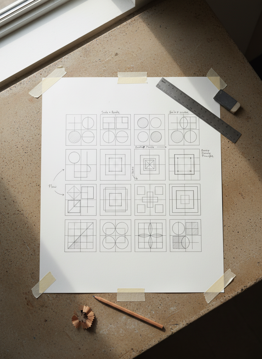 A series of modular grid sketches meticulously drawn in dark graphite on a large sheet of smooth, off-white drafting paper taped to a warm concrete work surface. Each grid shows evolving variants, annotated with tiny, precise notes and directional arrows, revealing the underlying logic of a visual system. A slim metal ruler, a soft kneaded eraser, and a sharpened wooden pencil with wood shavings nearby suggest active refinement. Natural, diffused studio daylight from a skylight above creates soft, even lighting with subtle, realistic shadows around the tools and paper edges. Captured from a gentle overhead angle with moderate depth of field, the composition feels intimate yet organized. The photographic realism and restrained, neutral palette communicate a sophisticated, process-driven design practice focused on clarity, structure, and enduring communication rather than decorative trends.