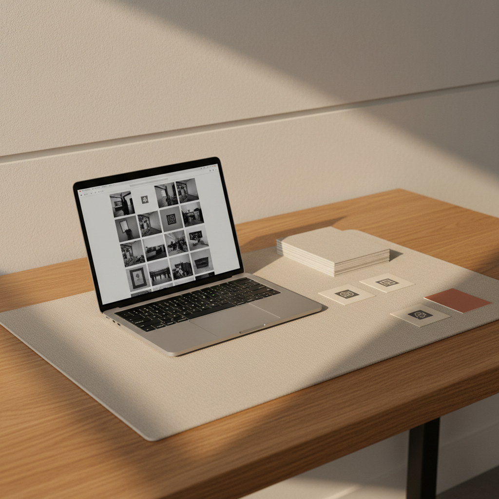 A close-up of a minimalist workspace centered on a sleek, sand-colored linen desk pad supporting a thin, silver aluminum laptop with a clean, monochrome interface displaying a gridded layout of portfolio thumbnails. Surrounding the laptop are precisely aligned sample cards: heavy uncoated papers, letterpressed logo swatches, and a single muted terracotta color chip. The desk surface is warm, light oak with a subtle grain, set against a softly blurred backdrop of a neutral wall and a single architectural shadow line. Gentle late-afternoon natural light streams from a side window, casting long, elegant shadows and creating a calm, contemplative mood. Photographic realism, shallow depth of field, and a balanced, asymmetrical composition reinforce a sophisticated, thoughtful design practice focused on clarity and communication.