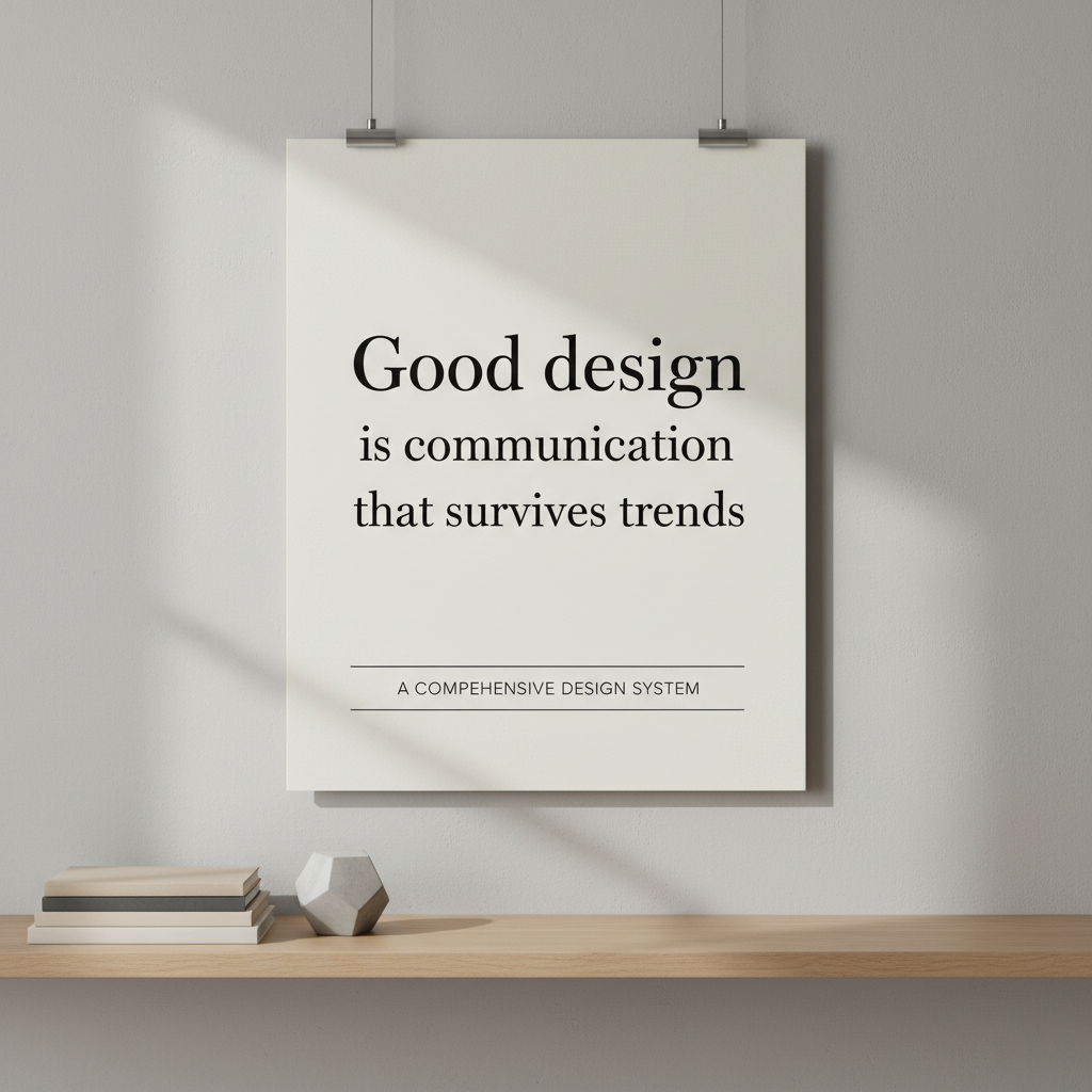 A refined typographic poster mockup pinned to a smooth, light-gray plaster wall using two minimal brushed-steel clips. The poster features a balanced grid, generous white space, and black serif typography spelling out the phrase “Good design is communication that survives trends” in varying scales. Beneath the main quote, subtle fine-line rules and small caps details hint at a comprehensive design system. Below the poster, a narrow ledge in pale oak holds neatly stacked neutral-colored books and a single, geometric concrete object. Soft, indirect daylight from above creates a gentle gradient on the wall and delicate shadows under the ledge. Captured straight-on with photographic realism and crisp focus, the composition is centered yet airy, projecting a sophisticated, editorial sensibility suitable for an About or Philosophy page.