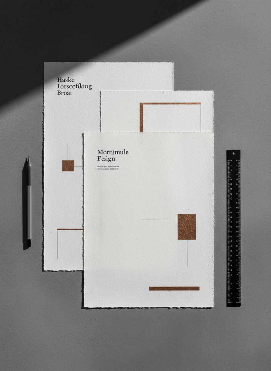 A meticulously arranged flat lay of a design portfolio spread, featuring a series of large-format, off-white textured paper sheets with crisp black typography and subtle copper foil accents. The pages overlap slightly on a smooth charcoal concrete surface, with a slim graphite-gray mechanical pencil and a matte black metal scale resting nearby. Soft, diffused daylight from an unseen window grazes the scene from the left, creating gentle, elongated shadows that emphasize the paper’s fibers and foil reflections. Captured from a true overhead, bird’s-eye view with sharp focus throughout, the composition feels calm, precise, and timeless. The photographic realism, restrained color palette, and minimalist aesthetic convey sophisticated, trend-resistant design thinking for a high-end portfolio homepage hero image.